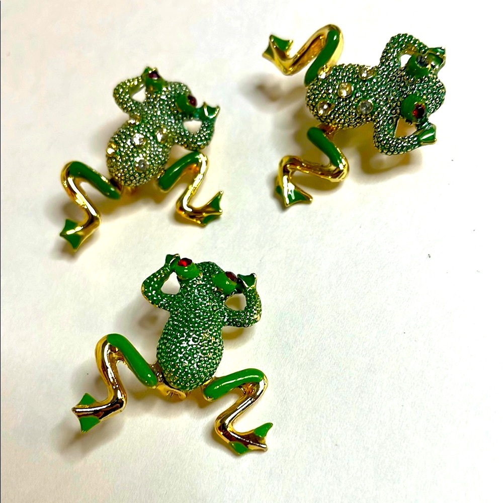 Vintage Green Enamel Articulating Frog Scatter Pins with Rhinestones Red Eyes